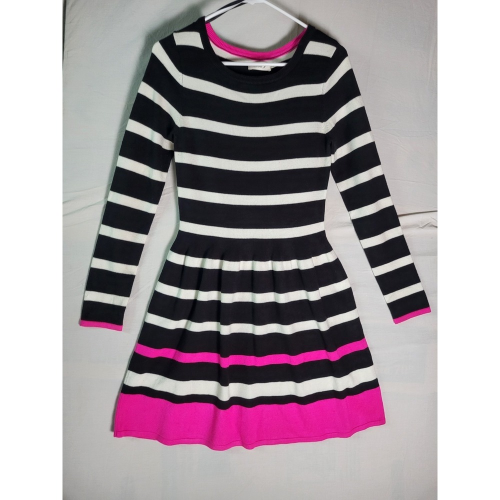 Eliza J Black White Striped Fit & Flare Sweater Dress Pink Trim Women's Size S
